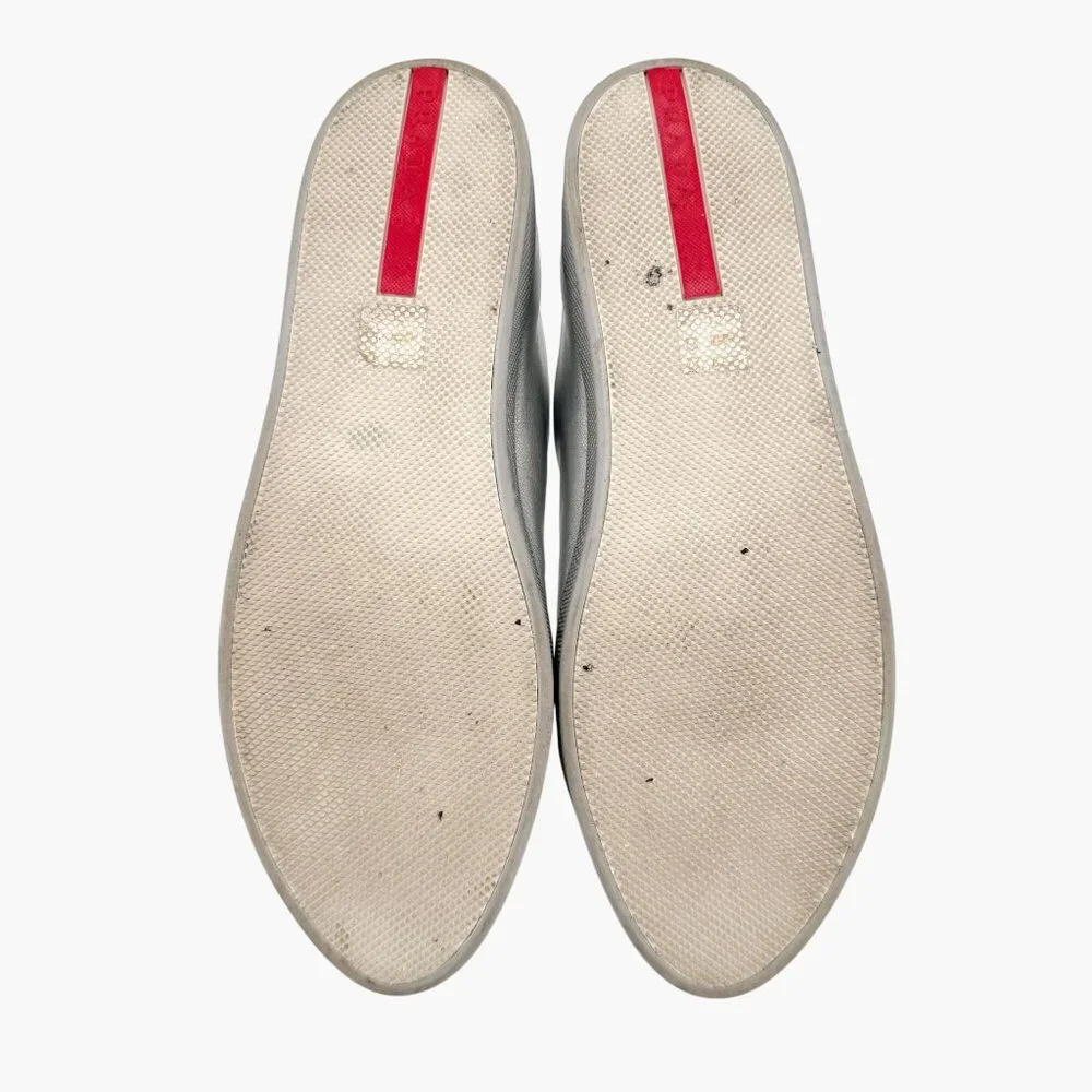 Prada Cap Toe Low Top Sneakers Size 41 US 11 Metallic Silver Leather Logo Shoe - Picture 12 of 14